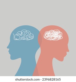 Metaphor bipolar disorder mind mental. Double face. Split personality. Concept mood disorder. 2 Head silhouette.Psychology. Mental health. Dual personality concept. Tangle and untangle
