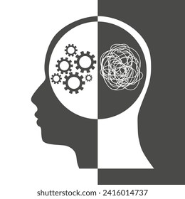 Metaphor bipolar disorder mind mental. Split personality. Concept mood disorder. Head silhouette. Psychology and mental health. Dual personality concept. Tangle and untangle