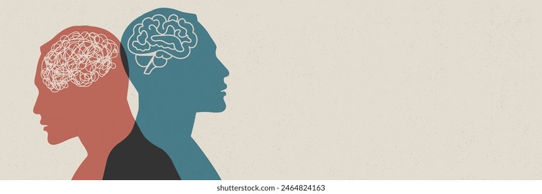 Metaphor bipolar disorder mind mental. Double face with tangle and untangle brain. Concept mood disorder.Split personality. 2 Head silhouette.Psychology. Mental health. Psychiatry