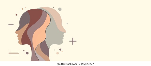 Metaphor bipolar disorder mind mental. Double face. Mood disorder concept. Bipolar disease. Split personality. 2 Head silhouette.Psychology. Mental health. Psychiatry. OurMindMatter