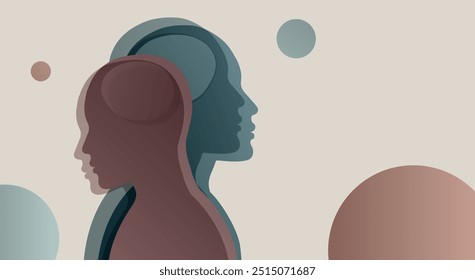 Metáfora del trastorno bipolar mental. Doble cara. Concepto de trastorno de sentimiento. Enfermedad bipolar. Personalidad dividida. Psicología. Salud mental. Psiquiatría. Nuestra mente importa. Silueta de 2 cabezas