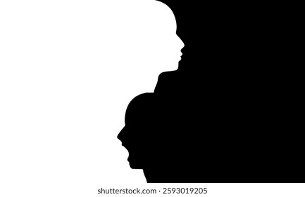 Metaphor bipolar disorder mind mental. Split personality. Concept mood disorder. Two head silhouette. Psychology and mental health. Dual personality concept.