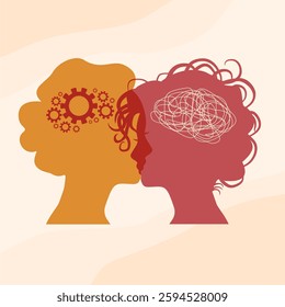 Metaphor bipolar disorder mind mental. Split personality. Concept mood disorder. Two head silhouette. Psychology and mental health. Dual personality concept. Tangle and gears