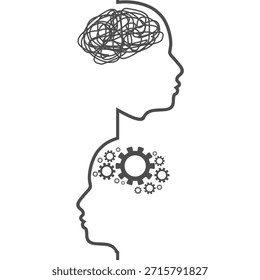 Metáfora del trastorno bipolar mental. Personalidad dividida. Concepto de trastorno de sentimiento. Silueta de dos cabezas. Psicología y salud mental. Concepto de personalidad dual. Enreda el nudo y los engranajes como cerebro.