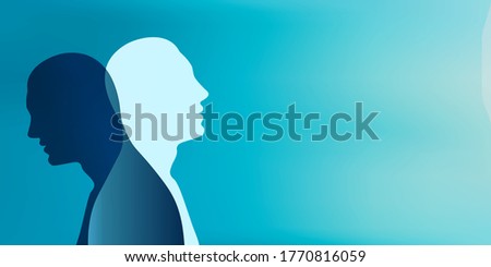 Metaphor bipolar disorder mind mental. Split personality. Concept mood disorder. Dual personality concept. 2 Head silhouette. Imagination. Mental health.Double face.Web banner.Copy space