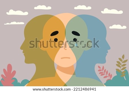 Metaphor bipolar disorder mind mental. Double face. Split personality. Concept mood disorder. 2 Head silhouette.Psychology. Mental health. Dual personality concept. Tangle and untangle.