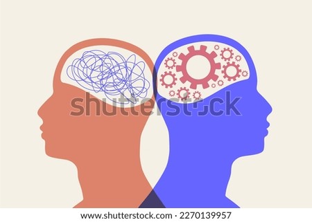 Metaphor bipolar disorder mind mental. Split personality. Concept mood disorder. Two head silhouette. Psychology and mental health. Dual personality concept. Tangle and order