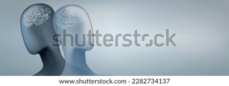 Metaphor bipolar disorder mind mental. Double face with tangle and untangle brain. Psychology. Split personality. Concept mood disorder. 2 Head. Dual-personality. Mental health. Psychiatry