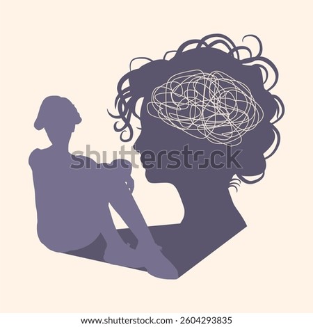 Metaphor bipolar disorder mind mental. Split personality. Concept mood disorder. Psychology and mental health. Dual personality concept. Person casting shadow of head with tangled brains