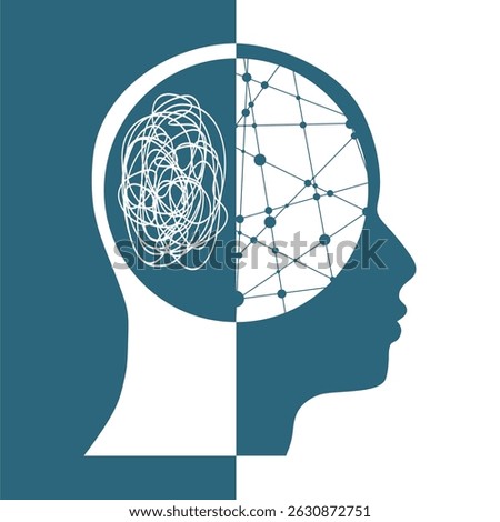 Metaphor bipolar disorder mind mental. Split personality. Concept mood disorder. Head silhouette. Psychology and mental health. Dual personality concept. Tangle and untangle