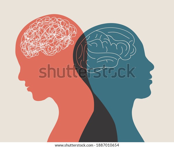 Metaphor\
bipolar disorder mind mental. Double face. Split personality.\
Concept mood disorder. 2 Head silhouette.Psychology. Mental health.\
Dual personality concept. Tangle and\
untangle