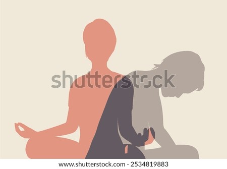 Metaphor of bipolar disorder. Split or dual personality. Mood disorder. Silhouettes of woman in depression and happy woman in lotus yoga pose. Psychology, mental health. Positive and negative mindset