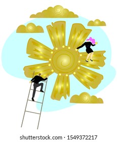 Metaphor for the birth of a creative idea. Companion collaboration. People adjust the golden sun in the sky. Idea of project activities. EPS10 vector illustration.