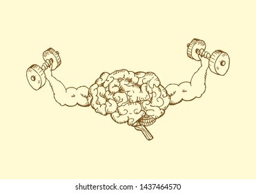 A metaphor of a brain lifting a dumbbell as educational or healthcare symbol freehand sketch style concept. Editable Clip Art.