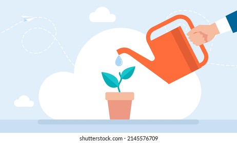 The metaphor of business development. Watering plant from a watering can. Concept of generation of innovative ideas, creative thought, creativity, and imagination. Flat cartoon business illustration