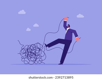 Metaphor of business problem solving, chaos and mess difficult situation, businessman solving a string entwined