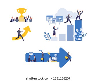 Metaphor of business process, accomplish, strategy. Flat design vector illustration of business people. Concept for goal achievement. 