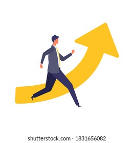 Metaphor of business process strategy and accomplish. Flat design vector illustration of business person and upward arrow. Concept for goal achievement. 