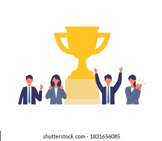 Metaphor of business process strategy and accomplish. Flat design vector illustration of business people and trophy. Concept for goal achievement. 