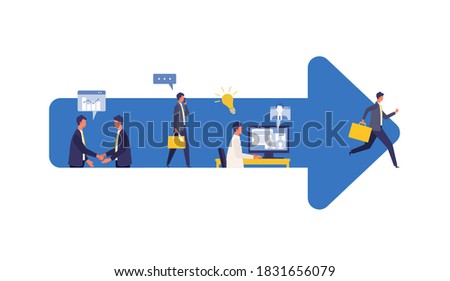 Metaphor of business process strategy and accomplishment. Flat design vector illustration of business people within large arrow. Goal achievement concept. 