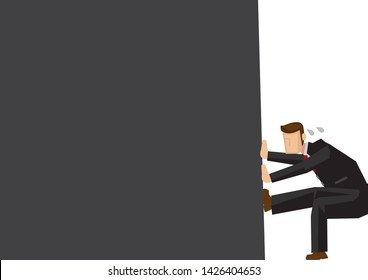Metaphor of businessman in the corner of the frame. Concept of crisis, disaster, bankruptcy or sabotage, or danger in the corporate world. Vector illustration.
