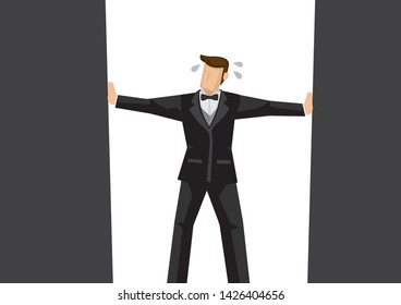 Metaphor of businessman in the corner of the frame. Concept of crisis, disaster, bankruptcy or sabotage, or danger in the corporate world. Vector illustration.