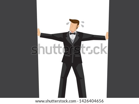Metaphor of businessman in the corner of the frame. Concept of crisis, disaster, bankruptcy or sabotage, or danger in the corporate world. Vector illustration.