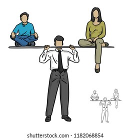 metaphor businessman holding up his son and wife vector illustration sketch doodle hand drawn with black lines isolated on white background. Business family concept.