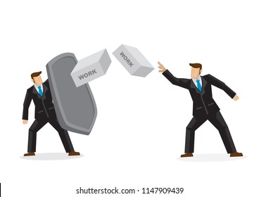 Metaphor of a businessman throwing his work bricks to his colleague which is protecting himself with a shield. Concept of corporate bully, sabotage and bad office culture. Vector illustration