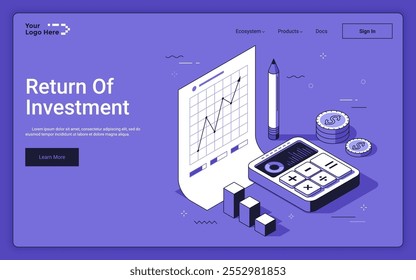 Metáfora com calculadora, folha de papel com gráfico e lápis. Modelo isométrico da página inicial de retorno do investimento. Receita líquida financeira contando ilustração de vetor 3D para página da Web