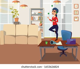 Metaphor Cartoon with Circus Woman Worker Performing in Office. Rest, Fun, Recreation. Creative Working Process. Businesswoman and Marketing Trick, Management Skills. Vector Flat Illustration
