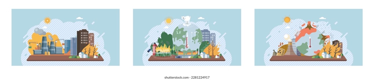 Metaphor climate change, global warming and water crisis. Measuring planet temperature. Global warming, greenhouse, melting ice, earth pollution and disaster. Plastic pollution and ecology problems