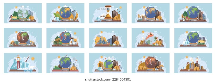 Metaphor climate change, global warming and water crisis. Measuring planet temperature. Global warming, greenhouse, melting ice, earth pollution and disaster. Plastic pollution and ecology problems