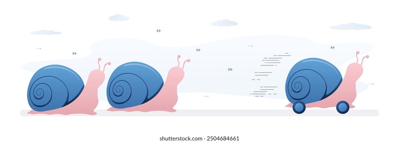 Metáfora de la competencia, la confrontación. Los caracoles compiten en velocidad. El caracol inteligente se mueve rápido sobre las ruedas y gana la competencia. Concepto de eficiencia, inteligencia e ingenio. Animales divertidos. Vector