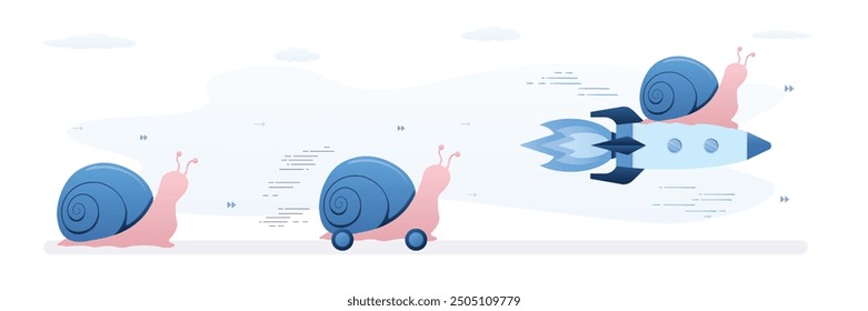 Metáfora de la competencia, la confrontación. Los caracoles compiten en velocidad. El caracol inteligente se mueve rápido en el cohete y gana la competencia. Concepto de eficiencia, inteligencia e ingenio. Animales divertidos. Vector