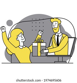 The metaphor of the concept of gift, promotion, win, draw. Businessman holds out a gift box from a monitor to a happy woman. Loyalty program concept or special offer. Modern flat vector illustration.