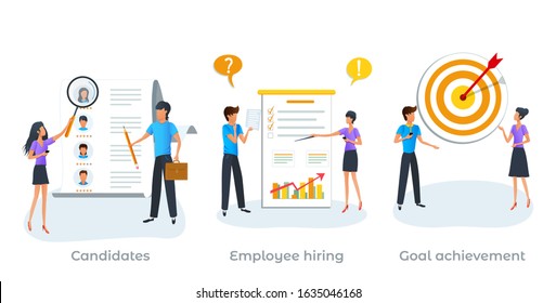 Metaphor concept of recruitment process, employment service. Human resources. Searching job.  Employees hiring. Send your CV to employers. HR agency choosing a candidate to hire. Goal achievement