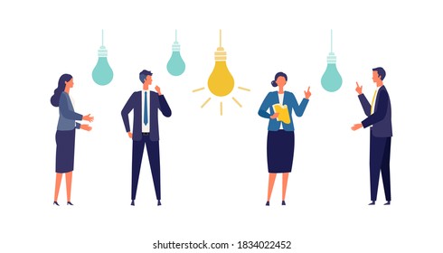 Metaphor of cooperation, create an idea, brainstorming. Flat design vector illustration of business people. Concept for partnership. 
