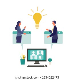 Metaphor of cooperation, create an idea, brainstorming. Flat design vector illustration of business people. Concept for partnership. 