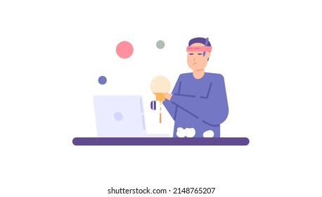 metaphor for crisis of ideas and inspiration. an employee experiences burnout and lacks or runs out of ideas. think with a laptop. the mind is stuck and less creative. flat cartoon illustration