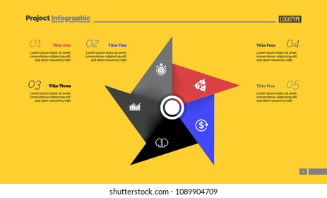 Metaphor diagram with five elements. Pinwheel, cycle chart, slide template. Creative concept for infographics, presentation, report. Can be used for topics like business, marketing, management