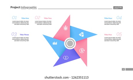 Metaphor diagram with five elements. Pinwheel, cycle chart, slide template. Creative concept for infographics, presentation, report. Can be used for topics like business, marketing, management