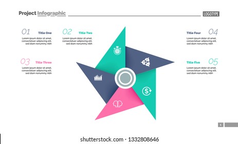 Metaphor diagram with five elements. Pinwheel, cycle chart, slide template. Creative concept for infographics, presentation, report. Can be used for topics like business, marketing, management