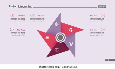 Metaphor diagram with five elements. Pinwheel, cycle chart, slide template. Creative concept for infographics, presentation, report. Can be used for topics like business, marketing, management