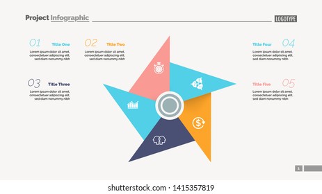 Metaphor diagram with five elements. Pinwheel, cycle chart, slide template. Creative concept for infographics, presentation, report. Can be used for topics like business, marketing, management