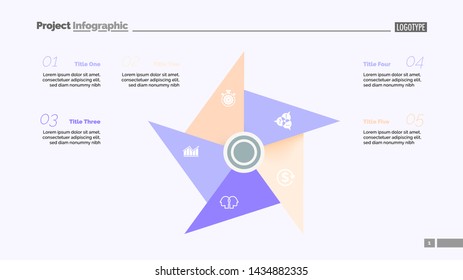 Metaphor diagram with five elements. Pinwheel, cycle chart, slide template. Creative concept for infographics, presentation, report. Can be used for topics like business, marketing, management