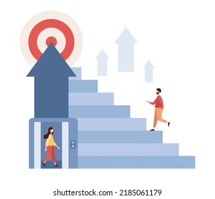 Metaphor different ways to achieve the goal. Path to target. People choose ladder or elevator to success. Perseverance, Challenge, Career and personal growth. Vector flat illustration 