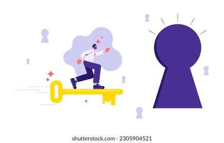 Metaphor for discovering success, unlock secret creativity to achieve business target, businessman riding flying golden key to discover success keyhole