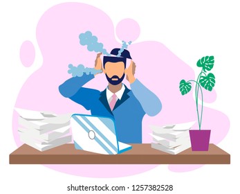 Metaphor of Entangled reworked at overwork. Male businessman, earned on the desktop. Boils head in minimalist style the best way. Cartoon Vector Illustration