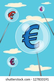 A metaphor for a Euro currency bubble. Euro symbols floating in bubbles that are about to be burst with large pins.